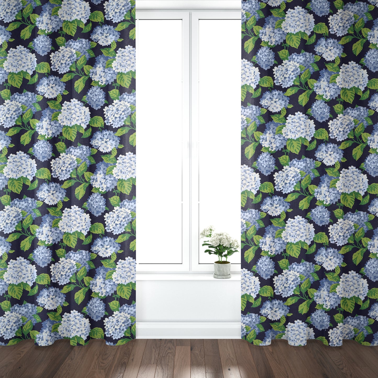 Rod Pocket Curtains in Summerwind Navy Blue Hydrangea Floral, Large Scale