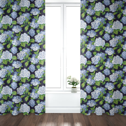 Rod Pocket Curtains in Summerwind Navy Blue Hydrangea Floral, Large Scale