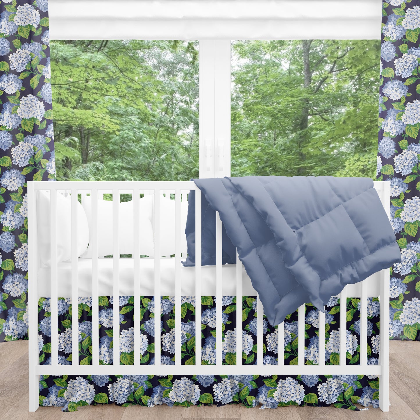 Gathered Crib Skirt in Summerwind Navy Blue Hydrangea Floral, Large Scale