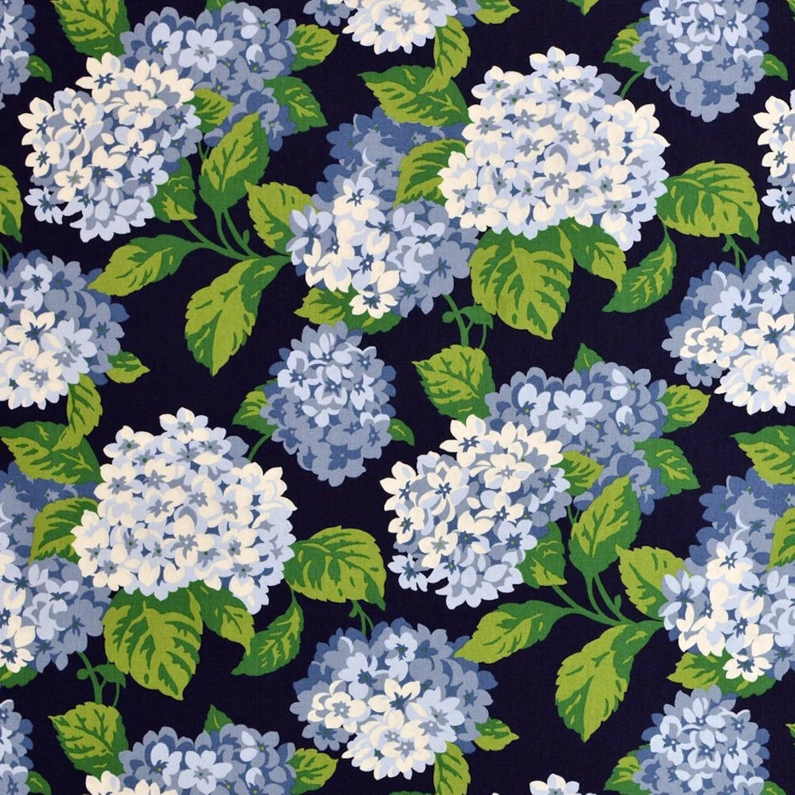round tablecloth in summerwind navy blue hydrangea floral, large scale