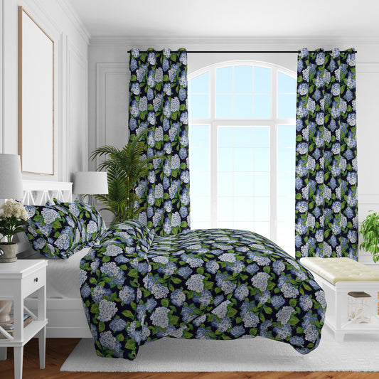 Duvet Cover in Summerwind Navy Blue Hydrangea Floral, Large Scale