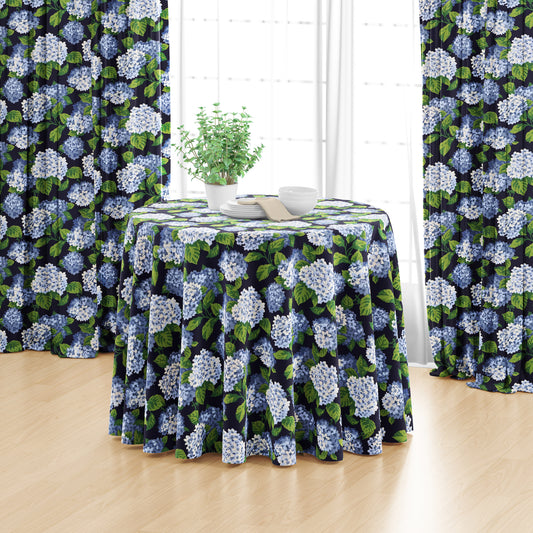 Round Tablecloth in Summerwind Navy Blue Hydrangea Floral, Large Scale