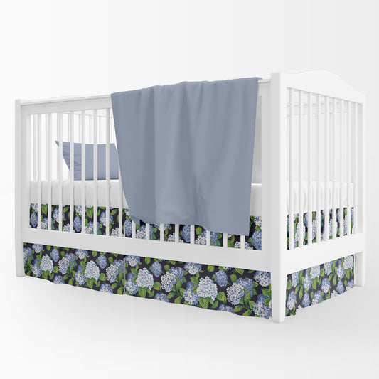 Tailored Crib Skirt in Summerwind Navy Blue Hydrangea Floral, Large Scale