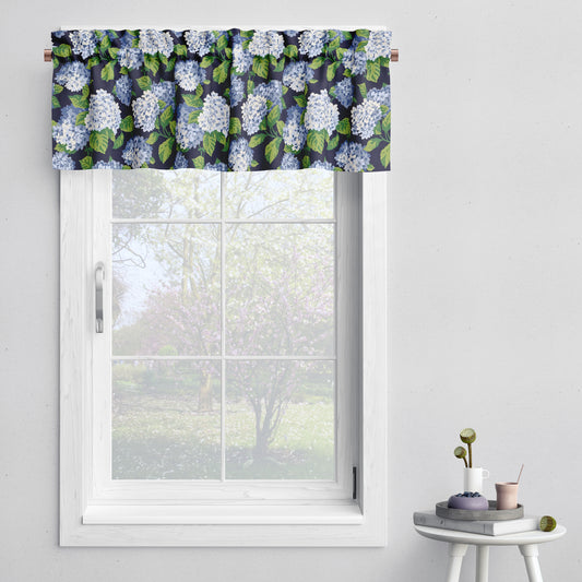 Tailored Valance in Summerwind Navy Blue Hydrangea Floral, Large Scale