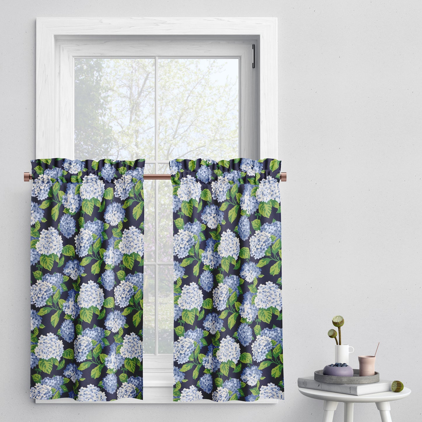 Tailored Tier Curtains in Summerwind Navy Blue Hydrangea Floral, Large Scale