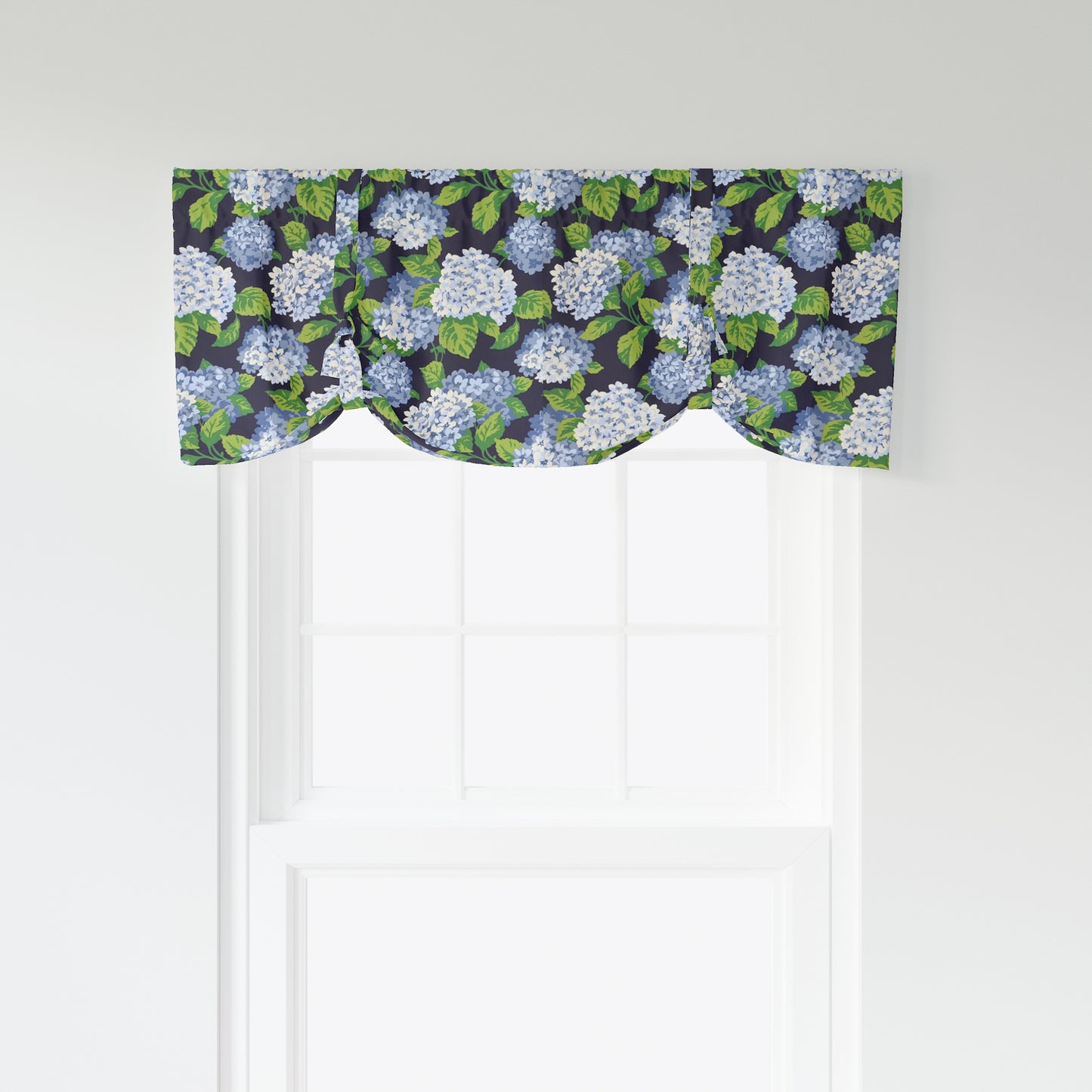 Tie-Up Valance in Summerwind Navy Blue Hydrangea Floral, Large Scale