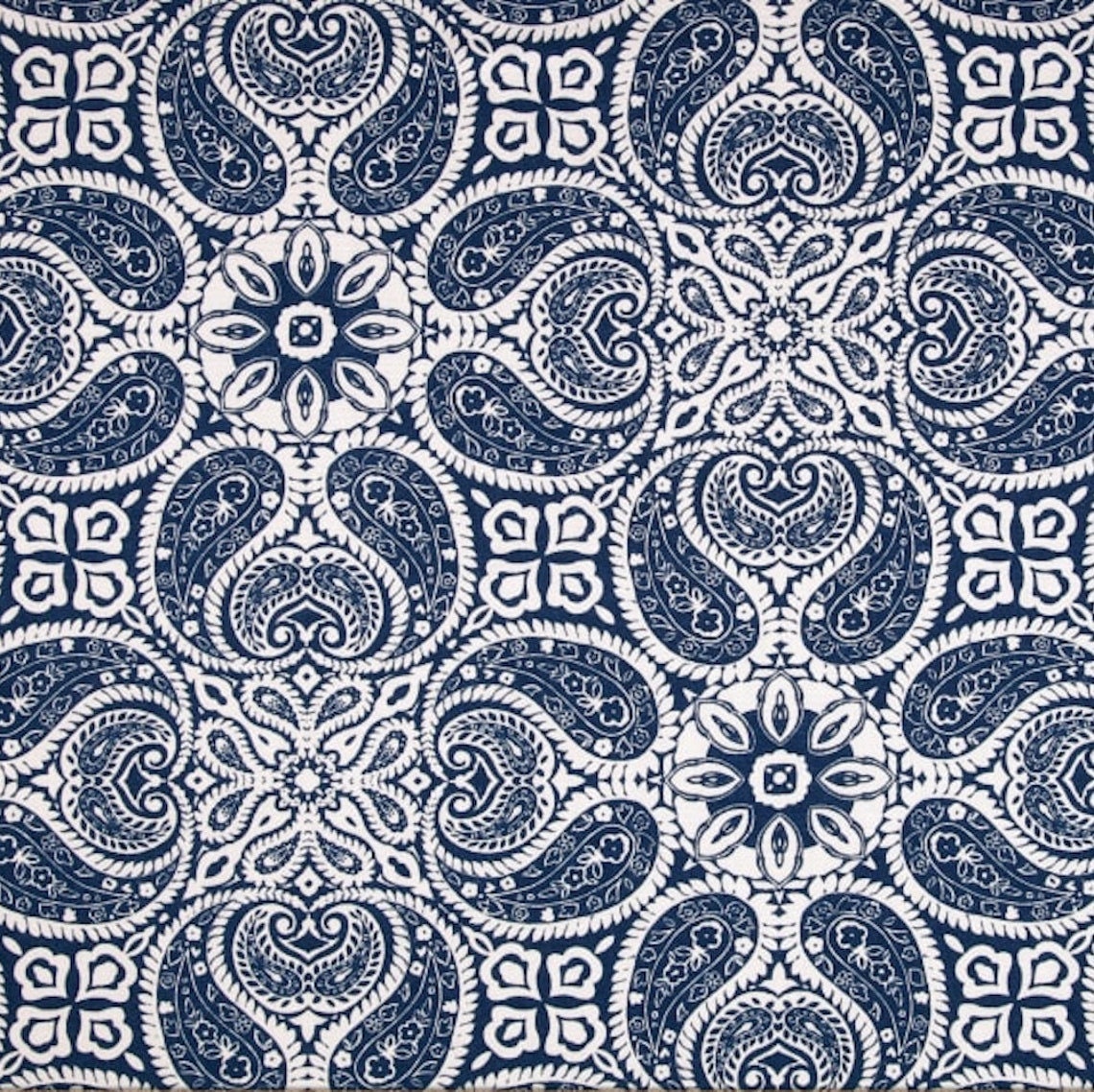 round tablecloth in tibi navy blue geometric paisley