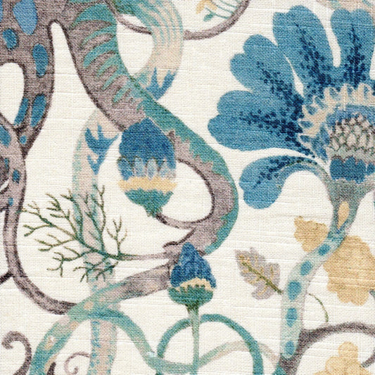 Rod Pocket Curtain Panels Pair in Tudor Antique Blue Jacobean Floral, Tree of Life, Large Scale Multi-Color