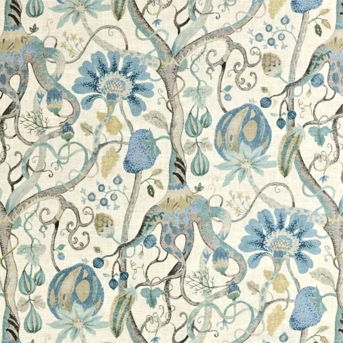 Pinch Pleated Curtain Panels Pair in Tudor Antique Blue Jacobean Floral, Tree of Life, Large Scale Multi-Color