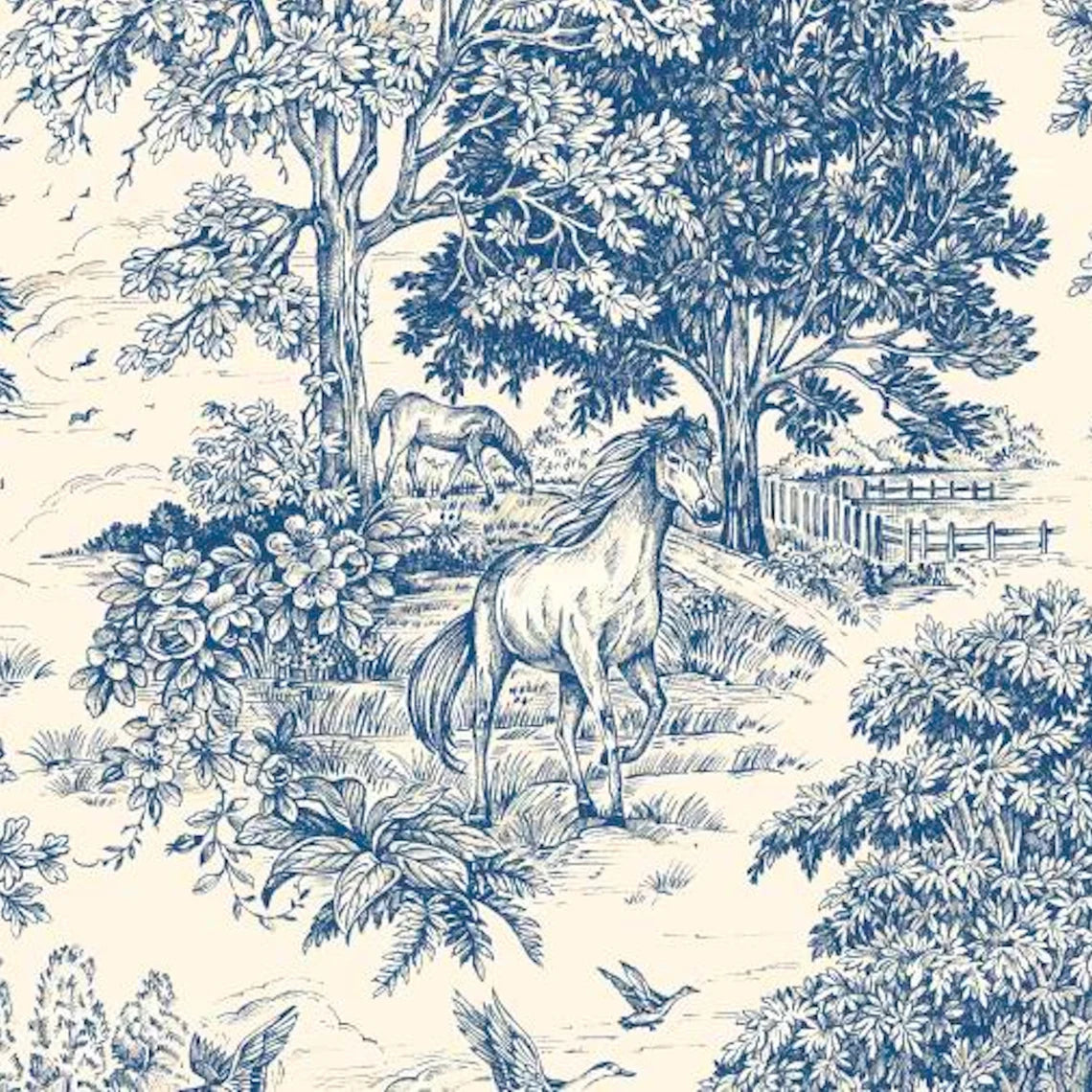 Bed Scarf in Yellowstone Bluebell Blue Country Toile- Horses, Deer, Dogs- Large Scale