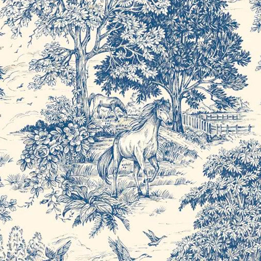 empress swag valance in Yellowstone Bluebell Blue Country Toile- Horses, Deer, Dogs- Large Scale