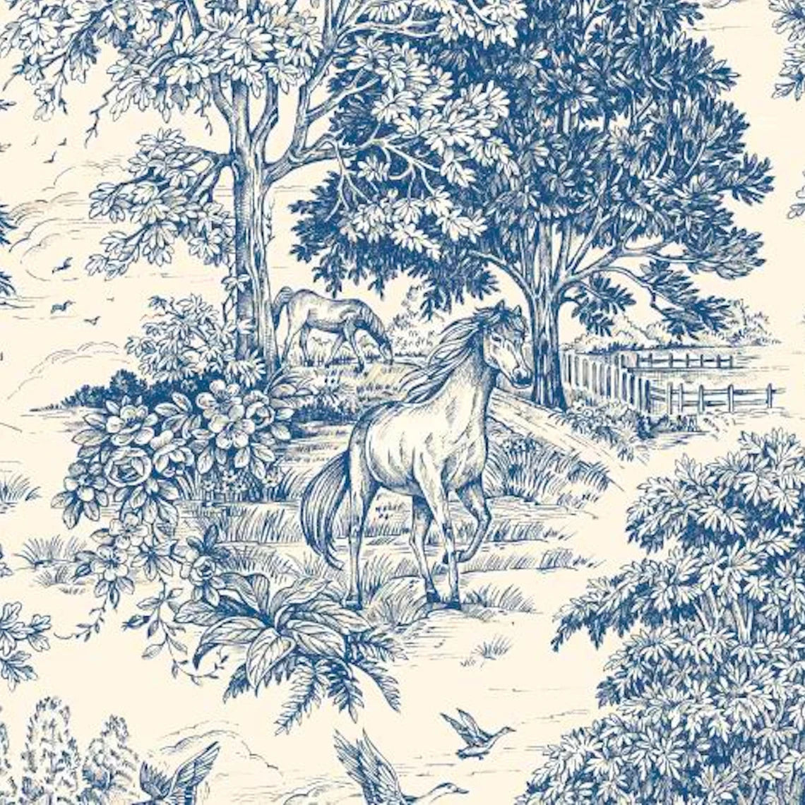 tailored crib skirt in Yellowstone Bluebell Blue Country Toile- Horses, Deer, Dogs- Large Scale