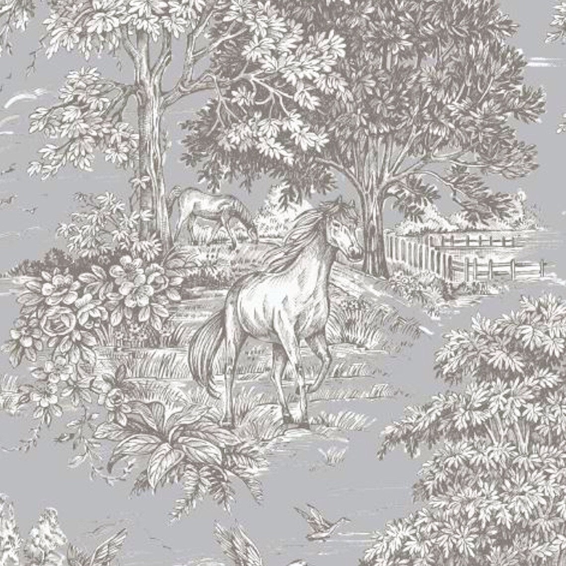 round tablecloth in Yellowstone Dove Blue Gray Country Toile- Horses, Deer, Dogs- Large Scale