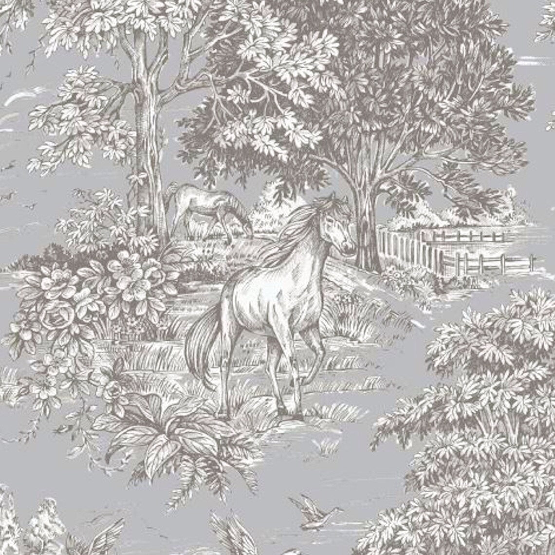 scallop valance in Yellowstone Dove Blue Gray Country Toile- Horses, Deer, Dogs- Large Scale