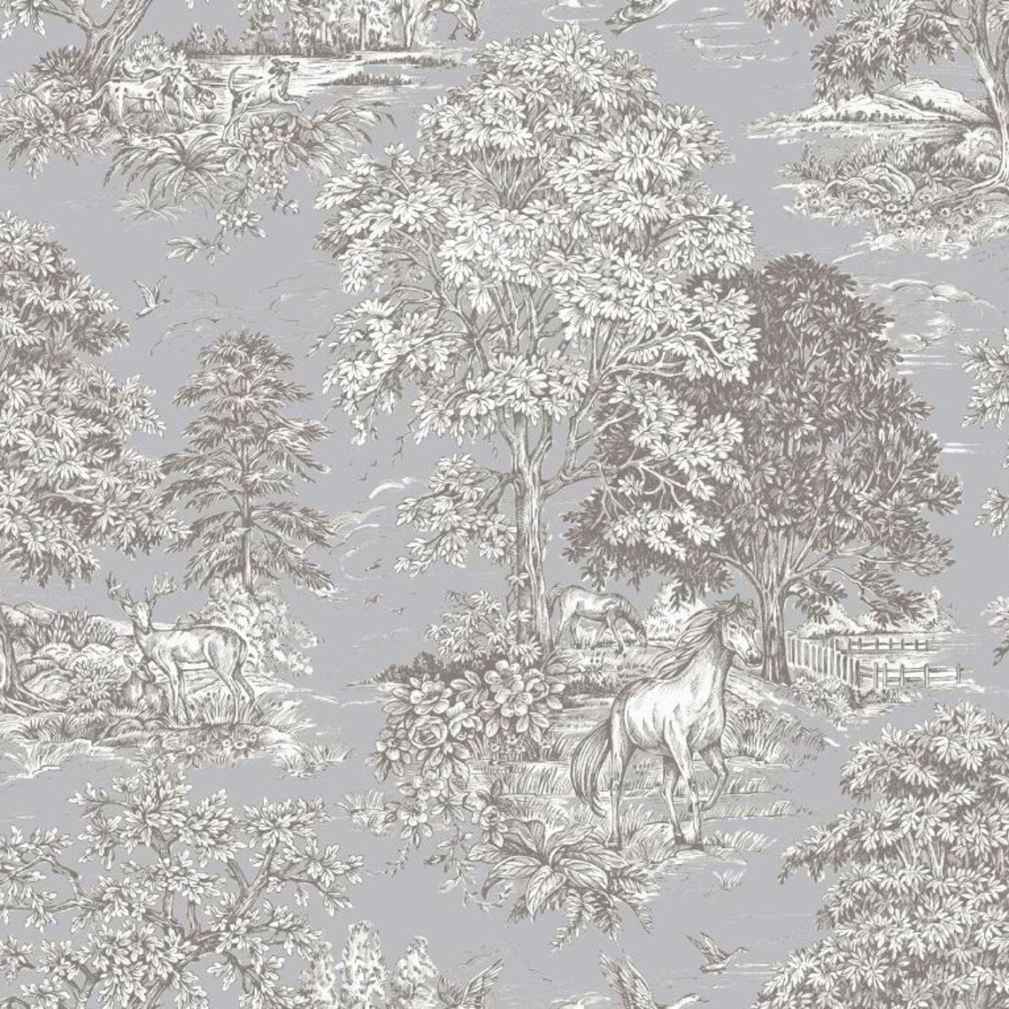 tailored crib skirt in Yellowstone Dove Blue Gray Country Toile- Horses, Deer, Dogs- Large Scale