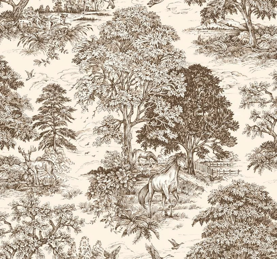 shower curtain in Yellowstone Driftwood Brown Country Toile- Horses, Deer, Dogs- Large Scale