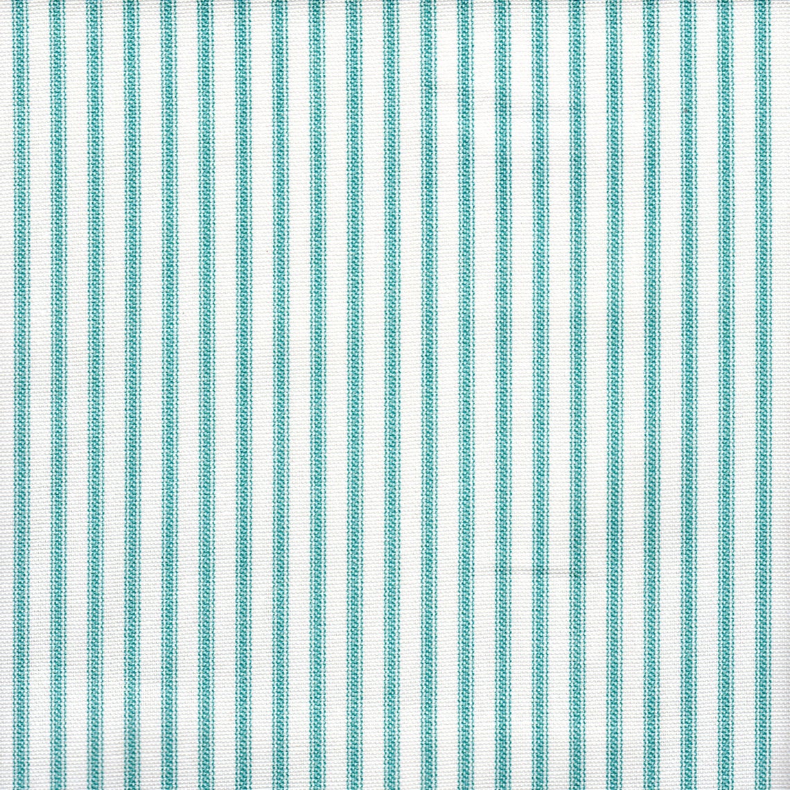 pinch pleated curtains in farmhouse aqua blue ticking stripe