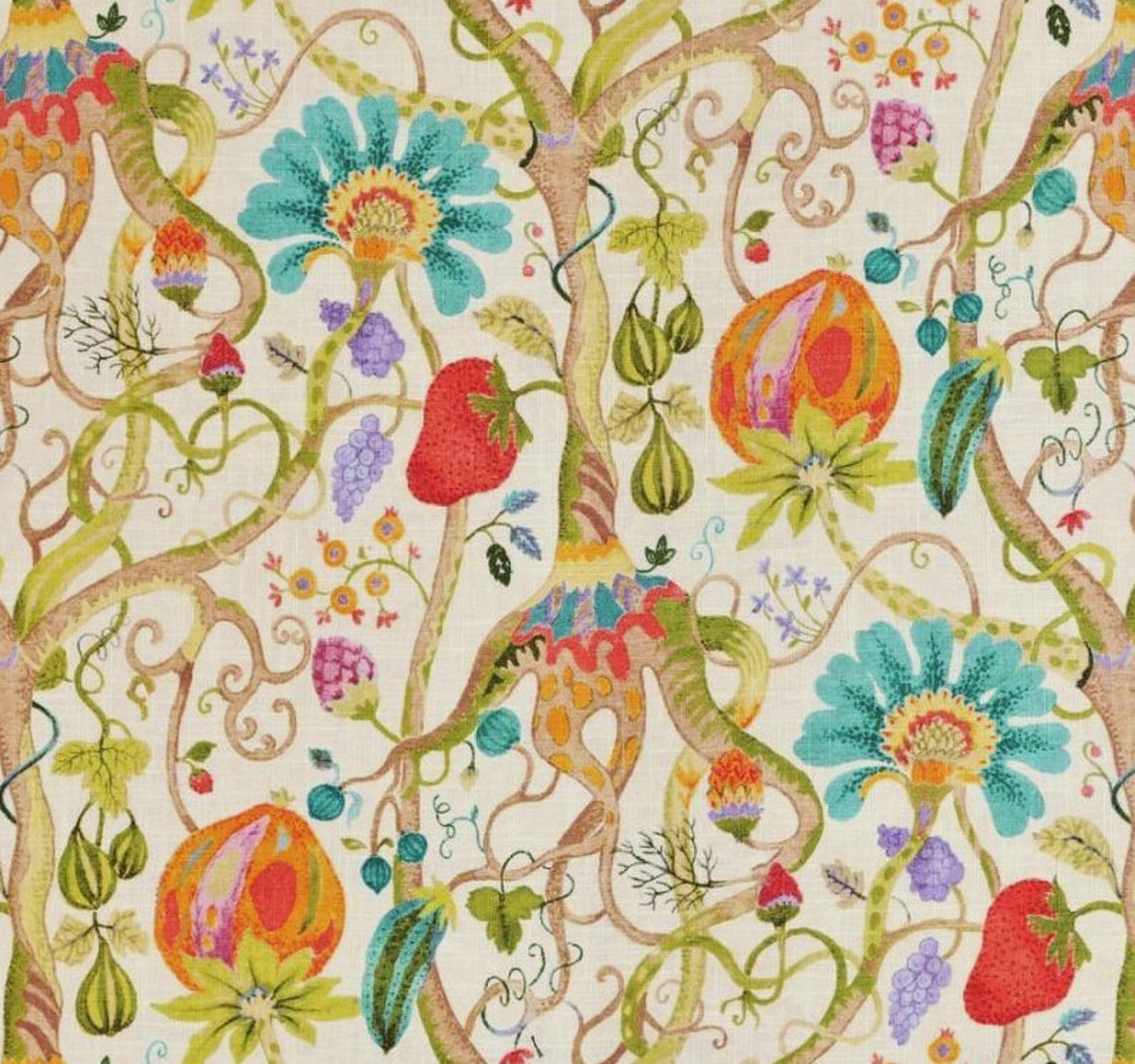 bed scarf in tudor summer jacobean floral, tree of life, large scale multi-color