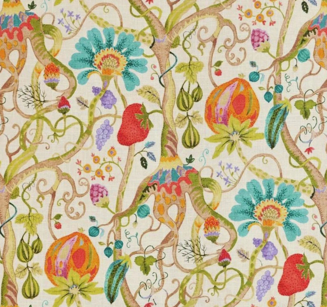 gathered bedskirt in tudor summer jacobean floral, tree of life, large scale multi-color