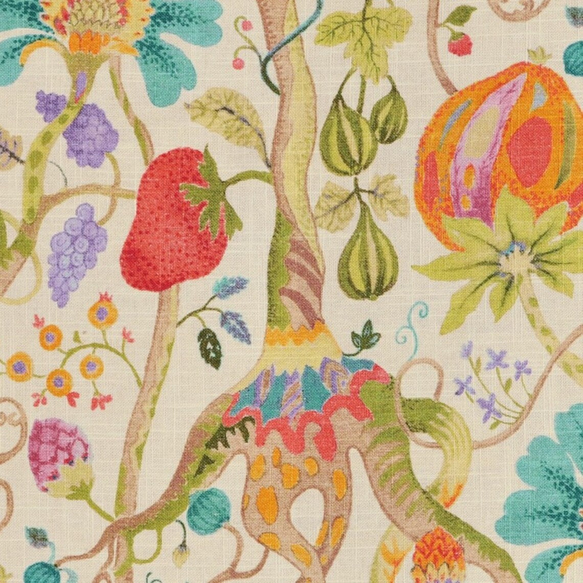 bed scarf in tudor summer jacobean floral, tree of life, large scale multi-color