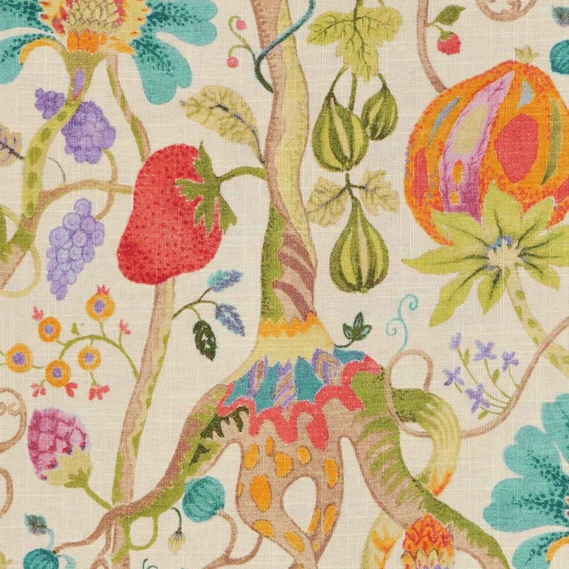 shower curtain in tudor summer jacobean floral, tree of life, large scale multi-color