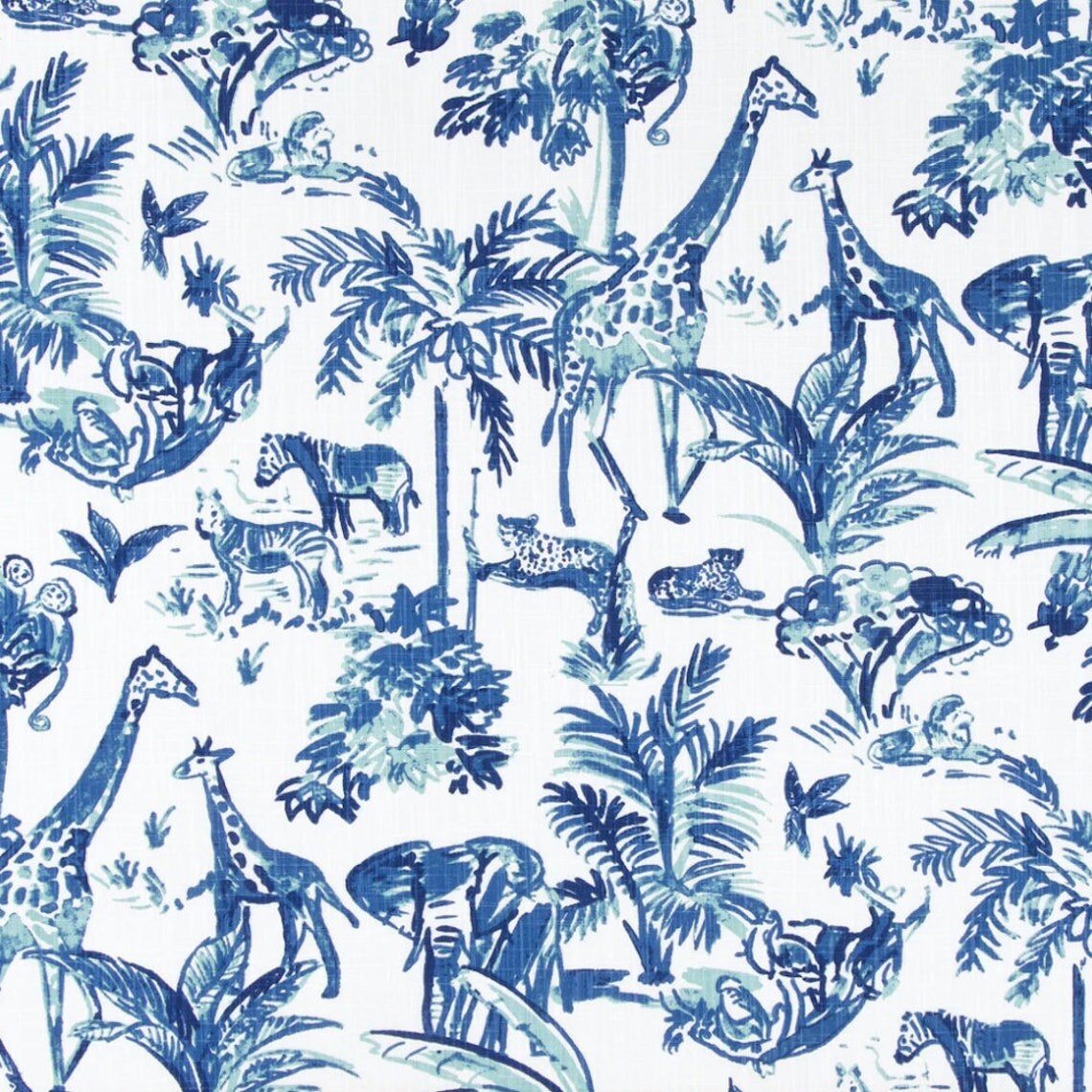 rod pocket curtains in meru commodore blue, cancun blue safari animal toile